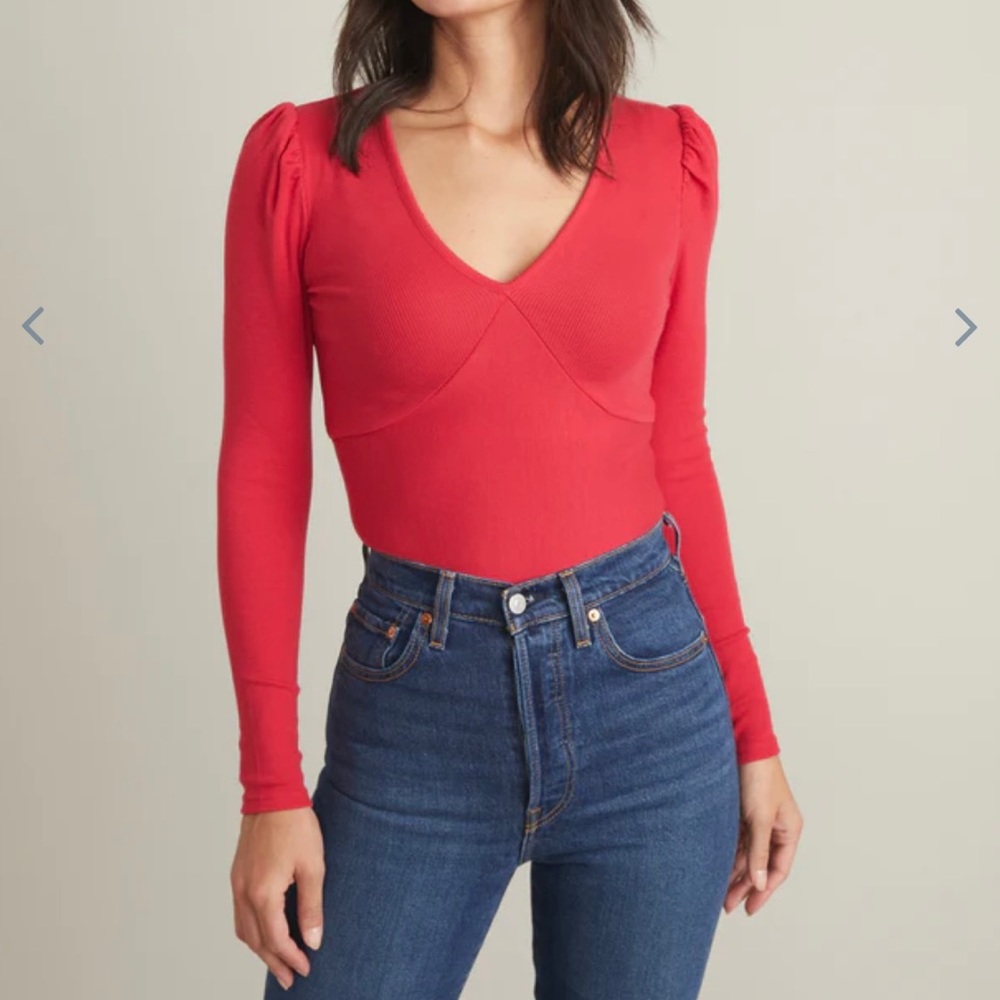 Marine Layer Lexi Rib V-Neck Long Sleeve Top Size Small Barberry Pink Retail $68